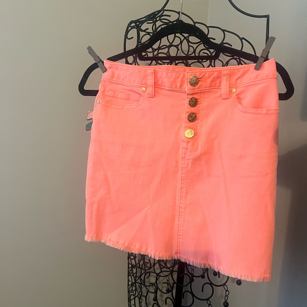 Lilly Pulitzer Coral Denim Mini Skirt with Gold Buttons
